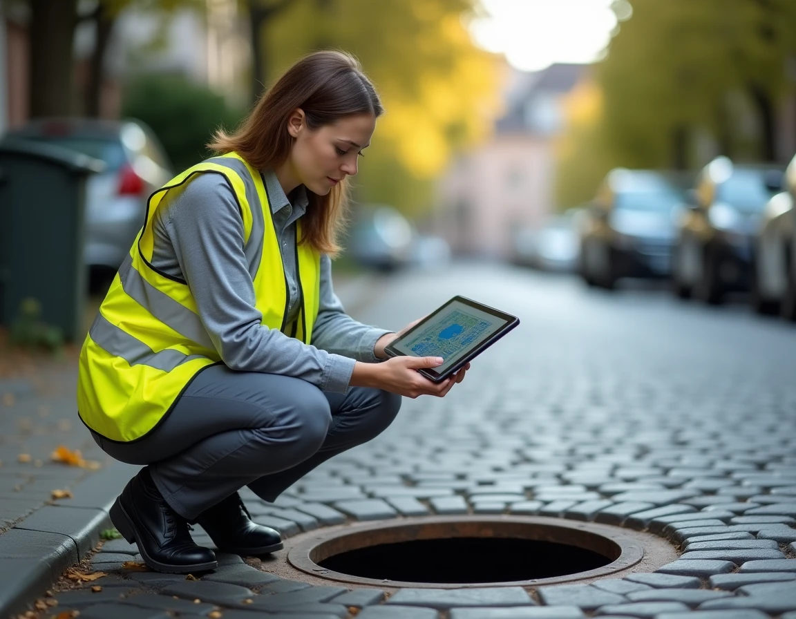 Ingénieure consultant une carte numérique du réseau d'assainissement sur tablette près d'un regard d'égout