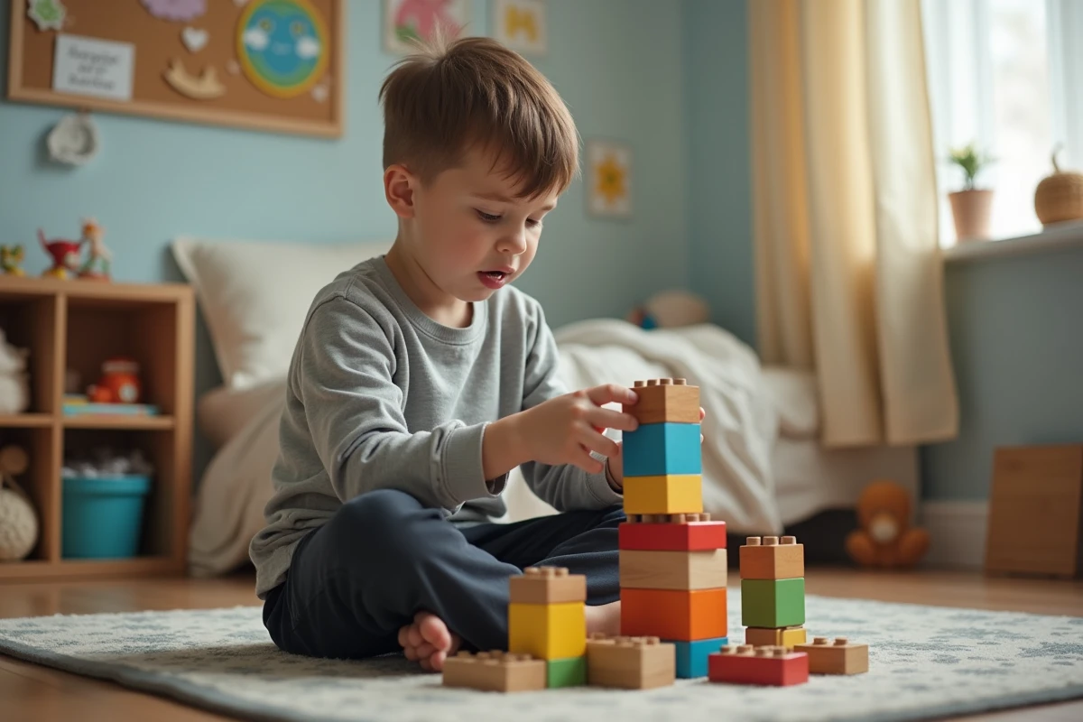 Garçon concentré construisant une structure avec des blocs en bois colorés assis sur un tapis dans sa chambre
