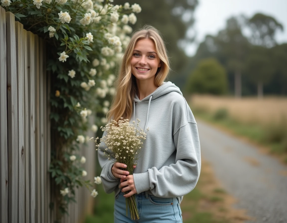 Jeune femme blonde tenant un bouquet de fleurs sauvages dans un jardin rural, symbole de mémoire et d'héritage familial