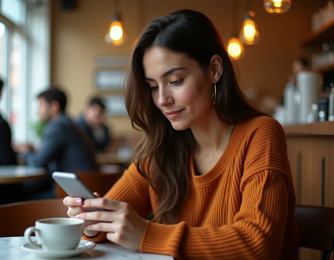 Jeune femme découvrant les rubriques d'un site d'information sur son smartphone dans un café
