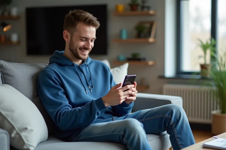 Jeune homme sur canapé avec smartphone dans un salon cosy