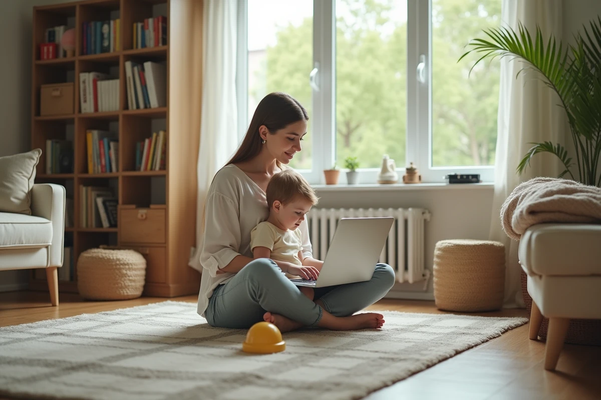 Mère et enfant jouant et travaillant dans le salon lumineux