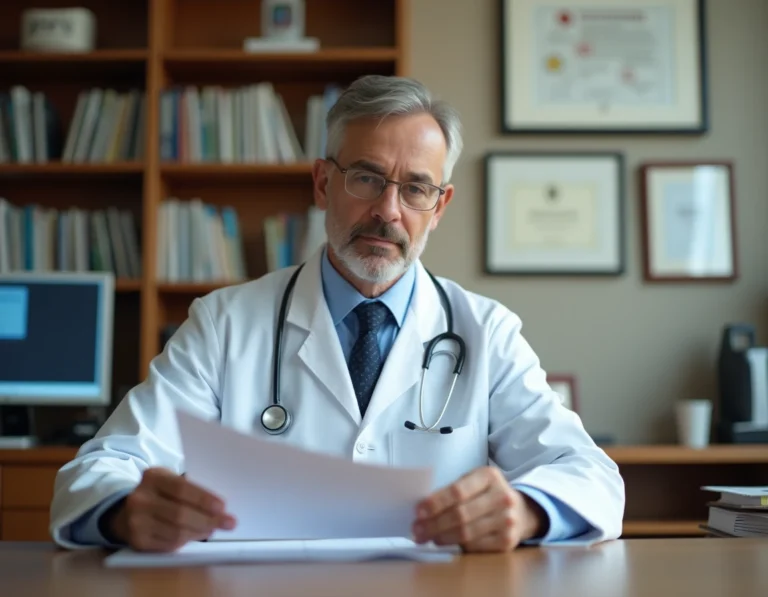 Médecin examinant des résultats d'analyse sanguine montrant un VGM élevé lié à la consommation d'alcool