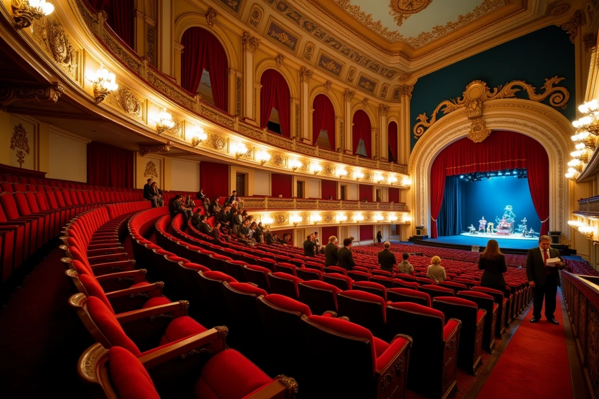 Rangées de fauteuils en velours rouge à la mezzanine supérieure du Théâtre Mogador avec vue sur la scène du Roi Lion