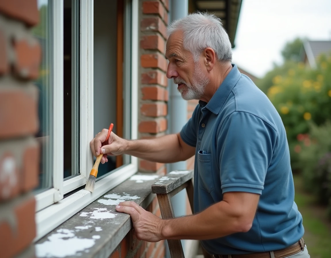 Homme âgé peignant un encadrement de fenêtre en bois en extérieur depuis un escabeau lors de travaux de rénovation