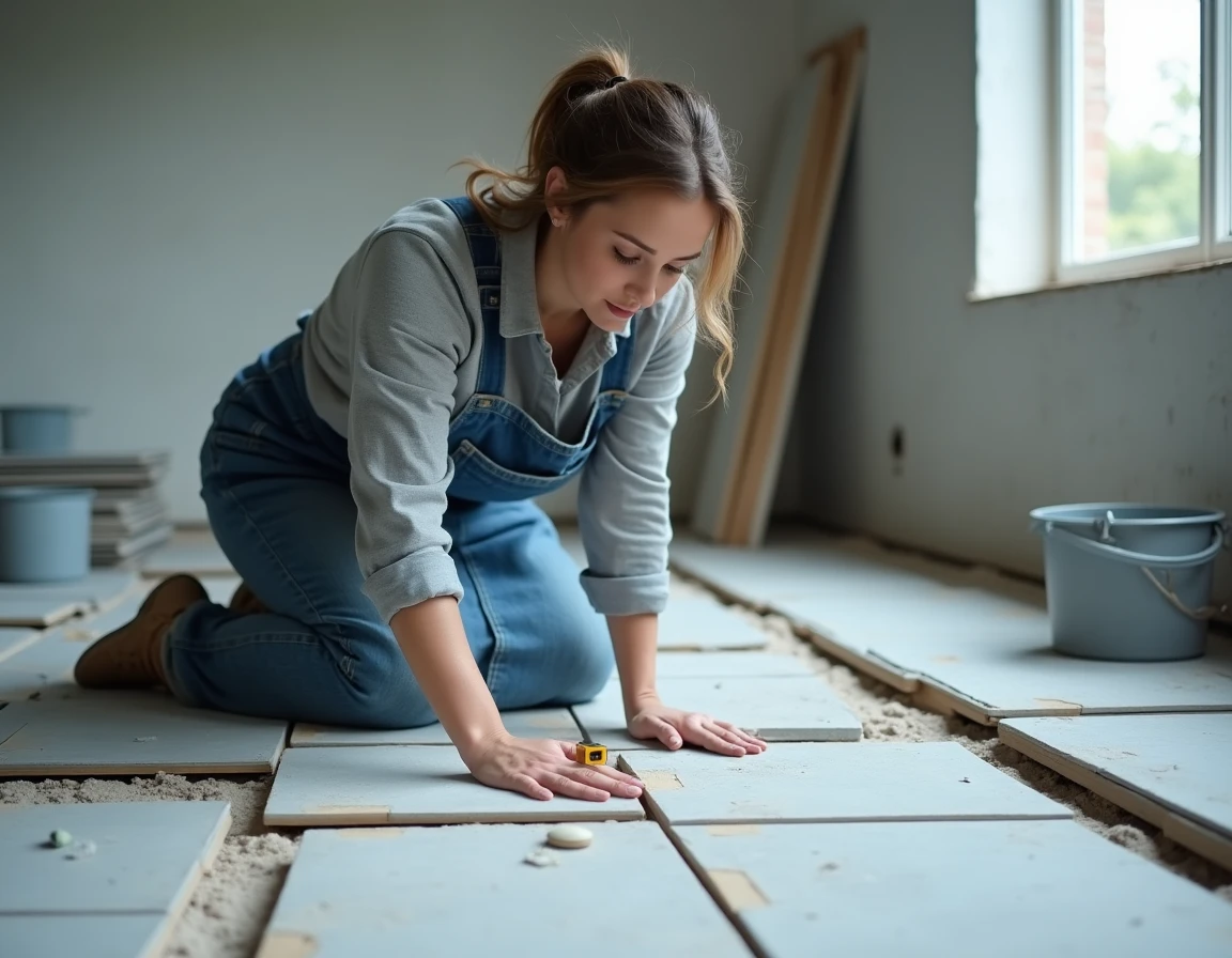 Femme posant du carrelage dans une salle de bain en rénovation en vérifiant l'alignement avec un niveau à bulle