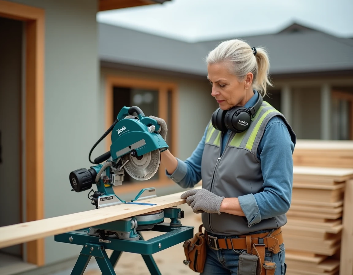 Professionnelle du bâtiment utilisant une scie Makita LS1018L sur un chantier résidentiel extérieur avec un support portable