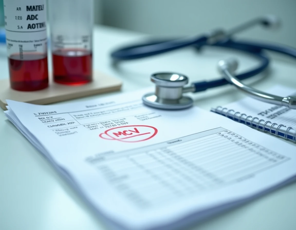 Rapport d'analyse hématologique avec VGM élevé cerclé en rouge sur un bureau de laboratoire médical