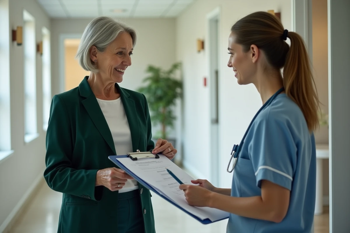 Une femme remet des documents à une soignante professionnelle dans le couloir d'un établissement de soins, illustrant la délégation sereine de la prise en charge d'un proche