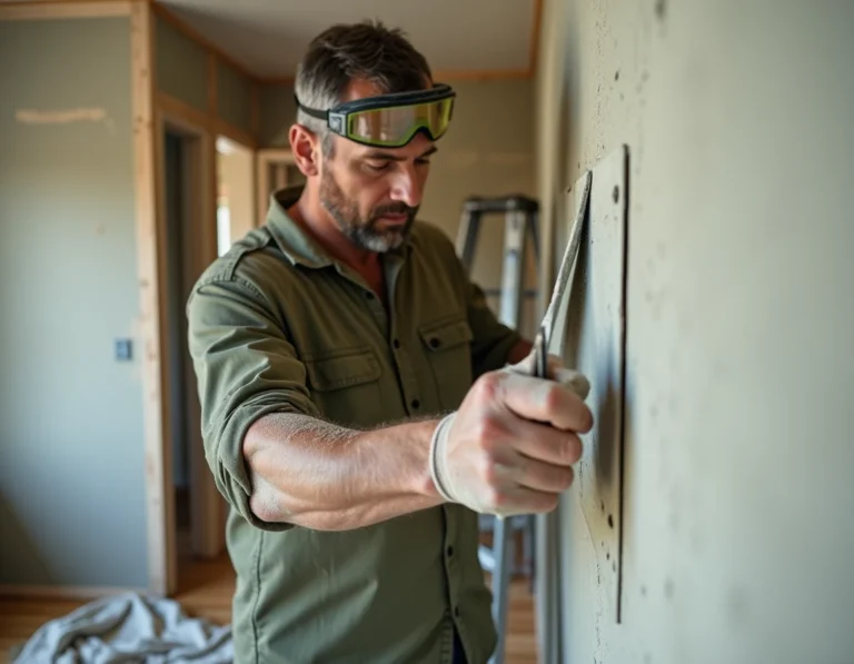 Homme appliquant de l'enduit sur un mur en cours de rénovation intérieure avec une spatule large
