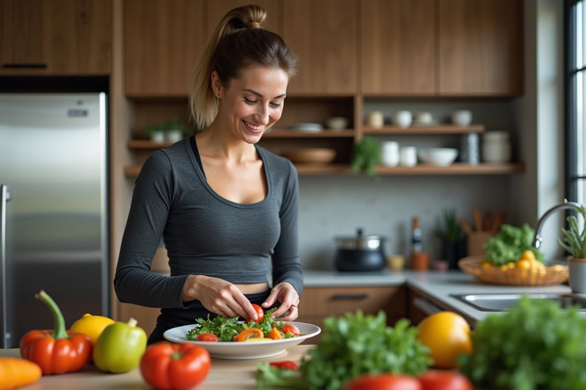 Femme préparant une salade colorée dans une cuisine moderne