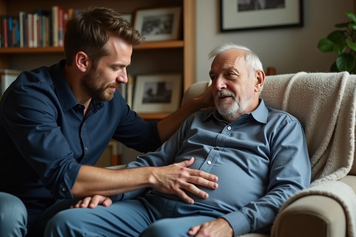 Un homme d'âge moyen réconforte un homme âgé assis dans un fauteuil, symbolisant le soutien familial et la transmission des responsabilités parentales sans culpabilité