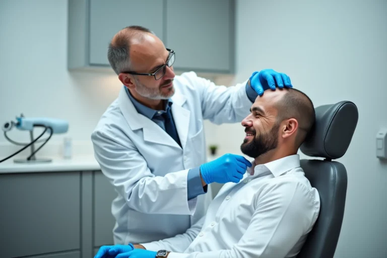 Spécialiste en greffe de cheveux HST examinant le cuir chevelu d'un patient dans une clinique médicale moderne
