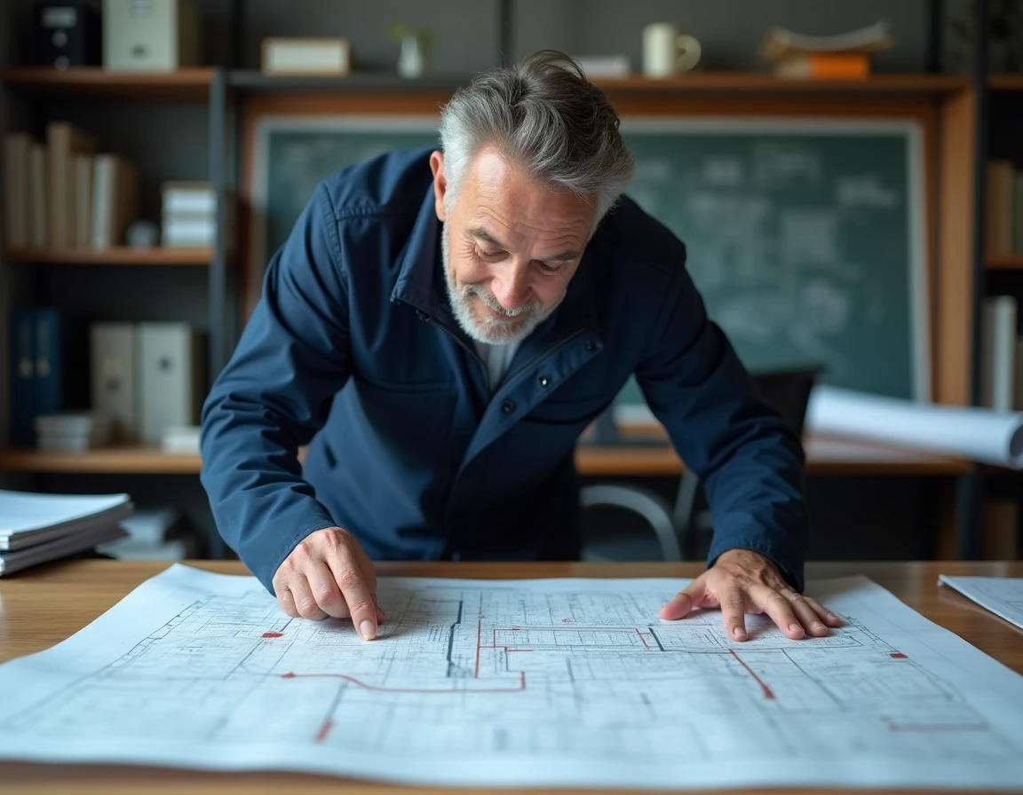 Technicien municipal consultant une carte du réseau tout à l'égout imprimée dans un bureau administratif