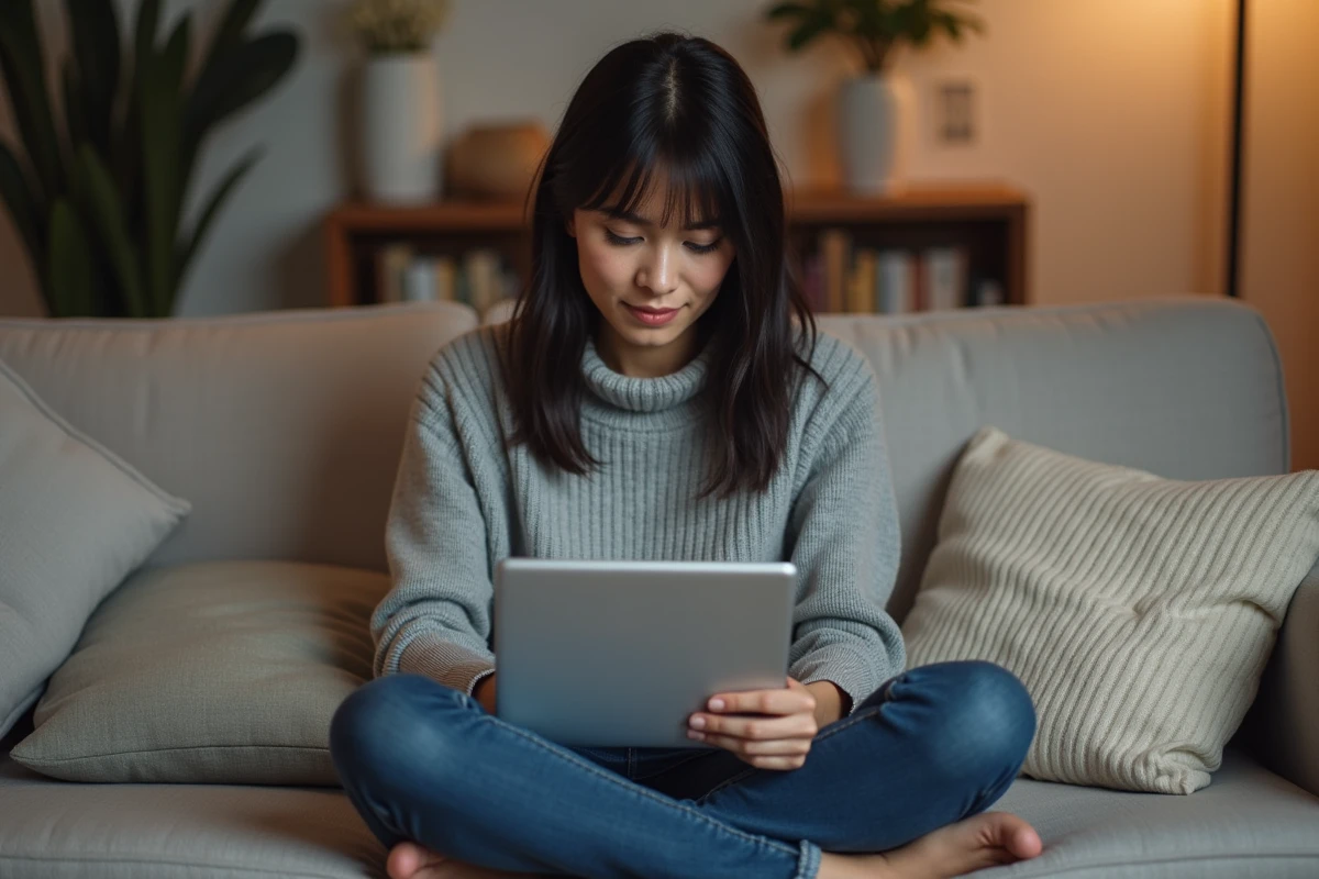 Femme téléchargeant des fichiers en toute sécurité via un abonnement premium sur une tablette dans son salon