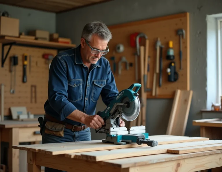Charpentier professionnel utilisant une scie radiale Makita LS1018L pour couper une planche en bois dans un atelier de menuiserie