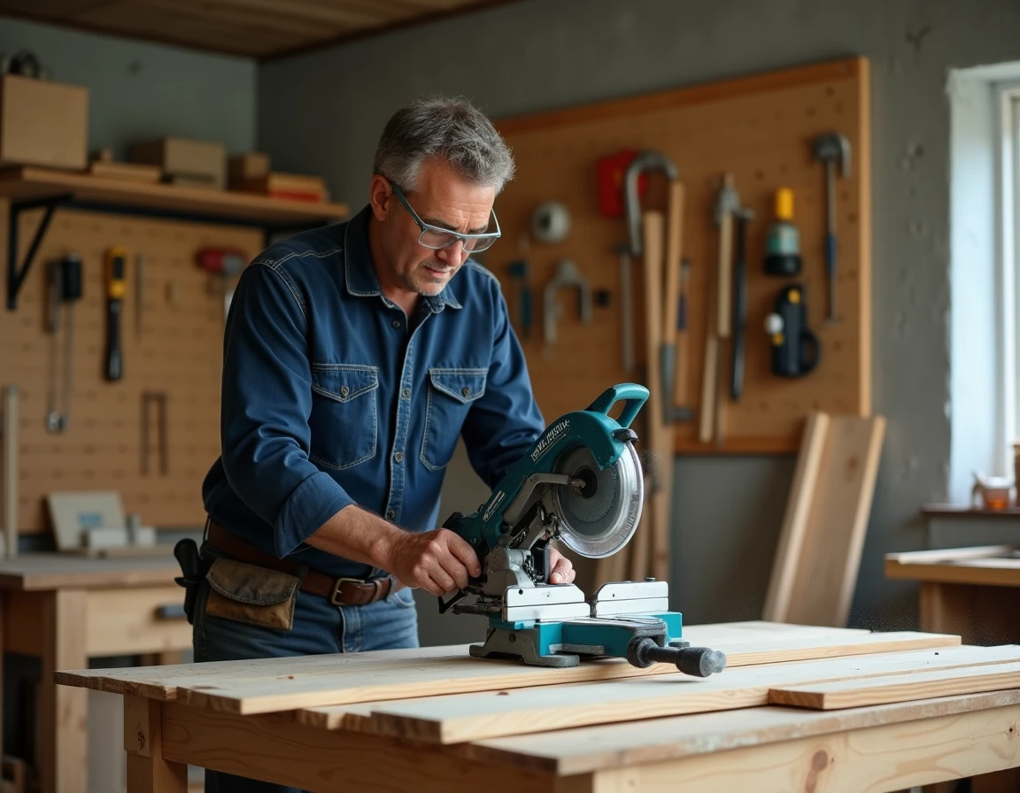 Charpentier professionnel utilisant une scie radiale Makita LS1018L pour couper une planche en bois dans un atelier de menuiserie