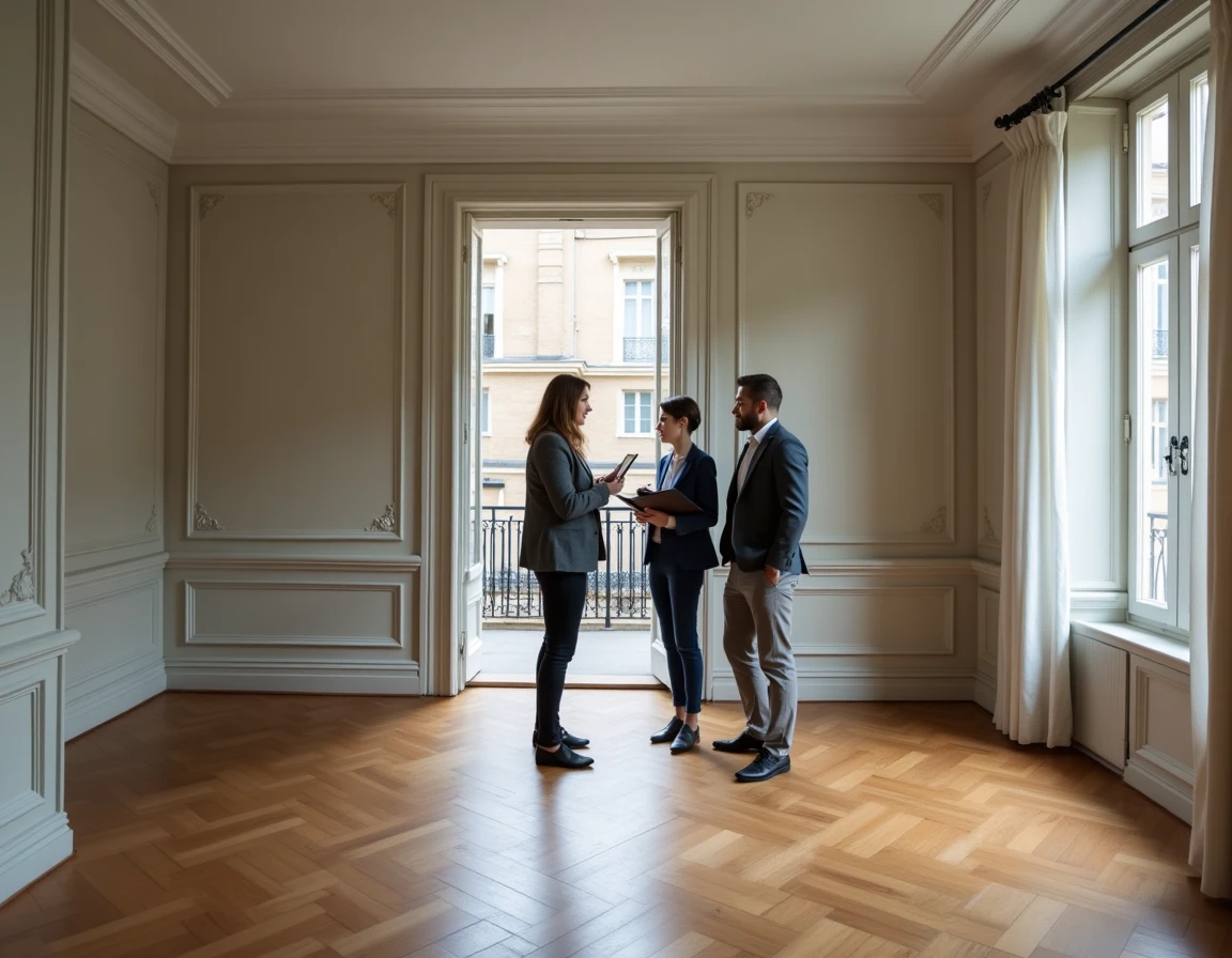 Agent immobilier faisant visiter un appartement familial haussmannien à Lyon à un couple