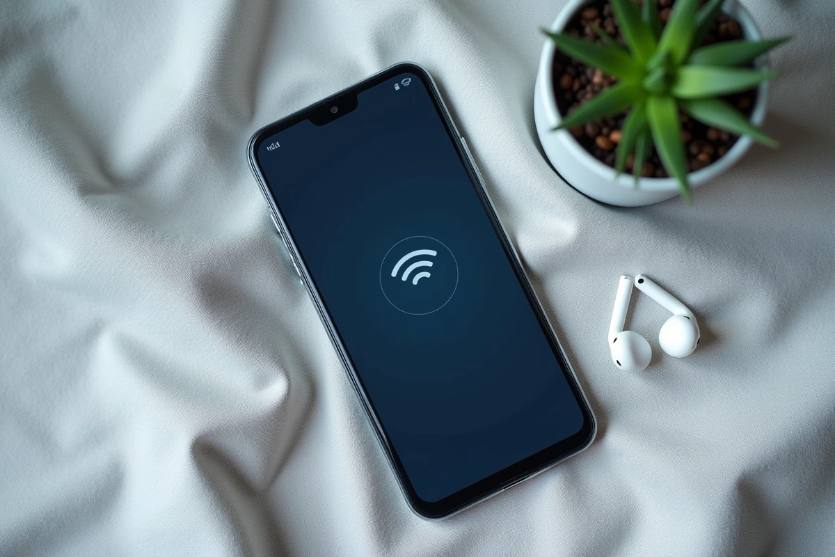 Vue de dessus d'un smartphone Android affichant l'icône WiFi dans le panneau des réglages rapides