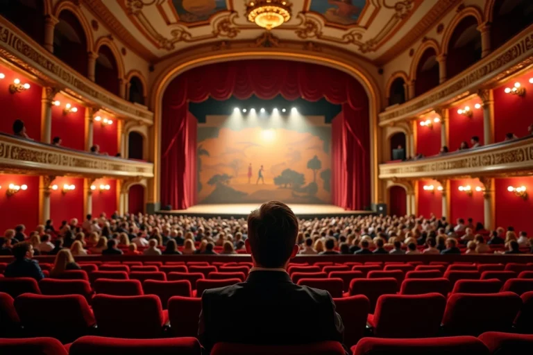 Vue depuis les fauteuils d'orchestre du Théâtre Mogador avec la scène du Roi Lion et les décors africains visibles au loin