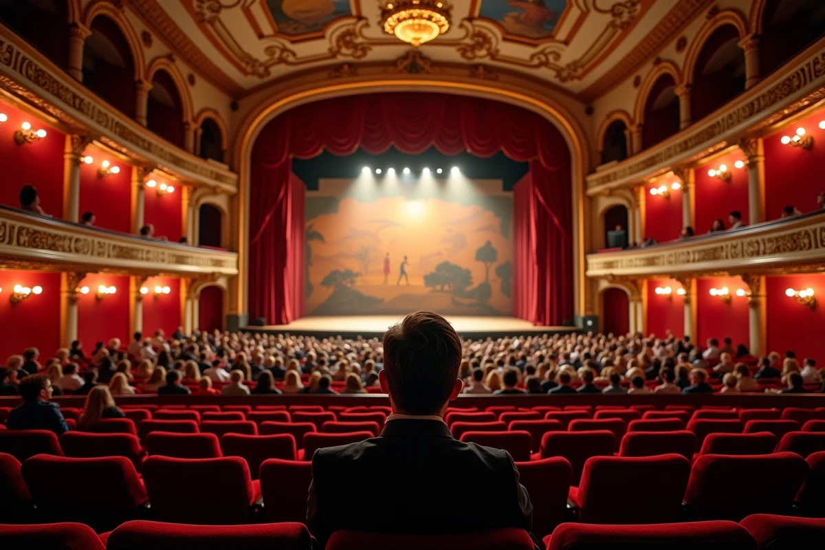 Vue depuis les fauteuils d'orchestre du Théâtre Mogador avec la scène du Roi Lion et les décors africains visibles au loin